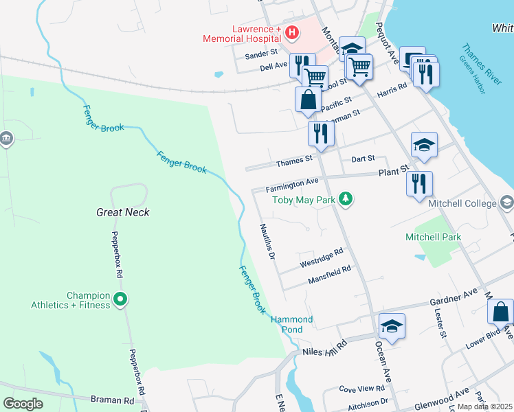 map of restaurants, bars, coffee shops, grocery stores, and more near 177 Nautilus Drive in New London