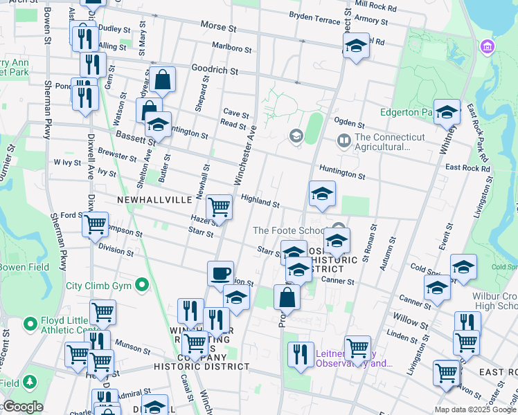 map of restaurants, bars, coffee shops, grocery stores, and more near 144 Sheffield Avenue in New Haven