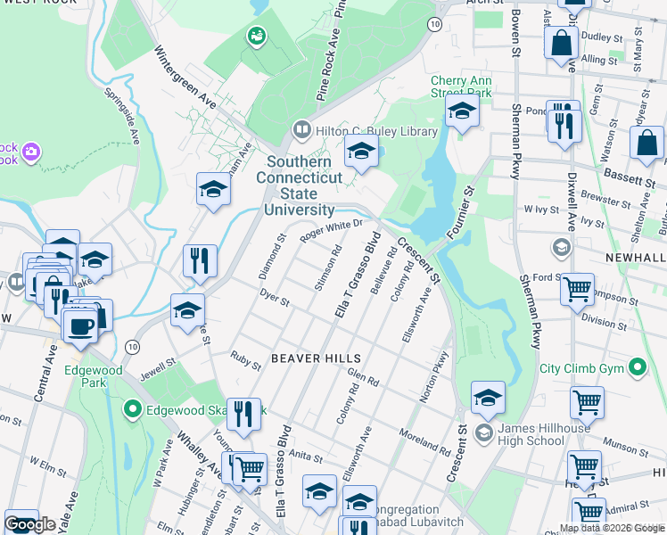map of restaurants, bars, coffee shops, grocery stores, and more near 1800 Ella T Grasso Boulevard in New Haven