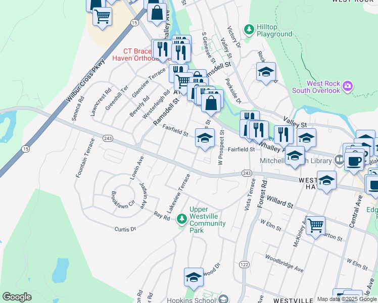 map of restaurants, bars, coffee shops, grocery stores, and more near 455 Fountain Street in New Haven