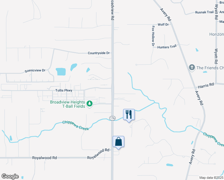 map of restaurants, bars, coffee shops, grocery stores, and more near 8727 Broadview Road in Broadview Heights