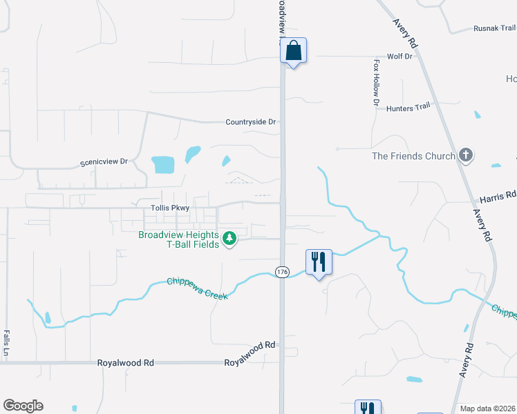 map of restaurants, bars, coffee shops, grocery stores, and more near 300 Lazzaro Boulevard in Broadview Heights