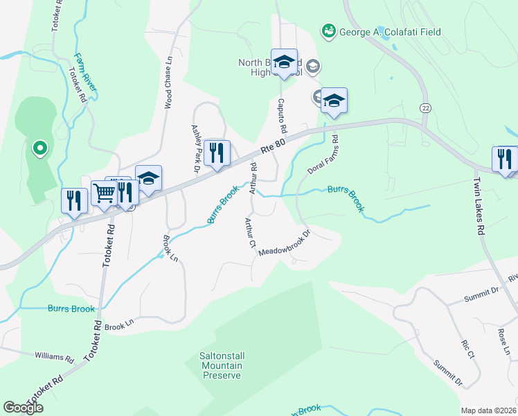 map of restaurants, bars, coffee shops, grocery stores, and more near 24 Arthur Road in North Branford