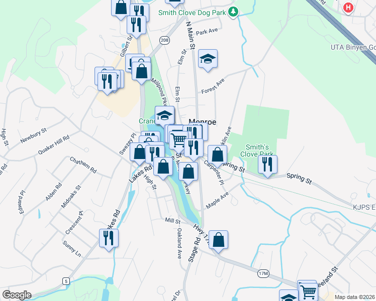 map of restaurants, bars, coffee shops, grocery stores, and more near 13 Lake Street in Monroe