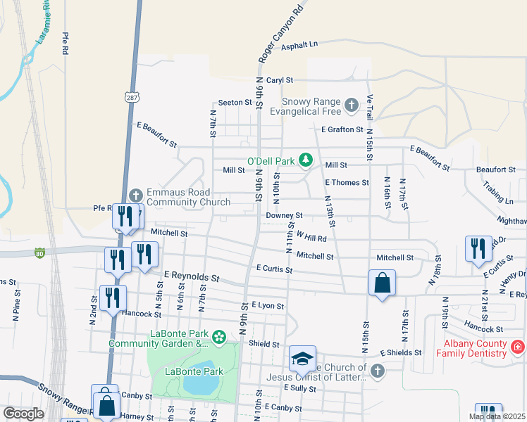 map of restaurants, bars, coffee shops, grocery stores, and more near 825b East Renshaw Street in Laramie