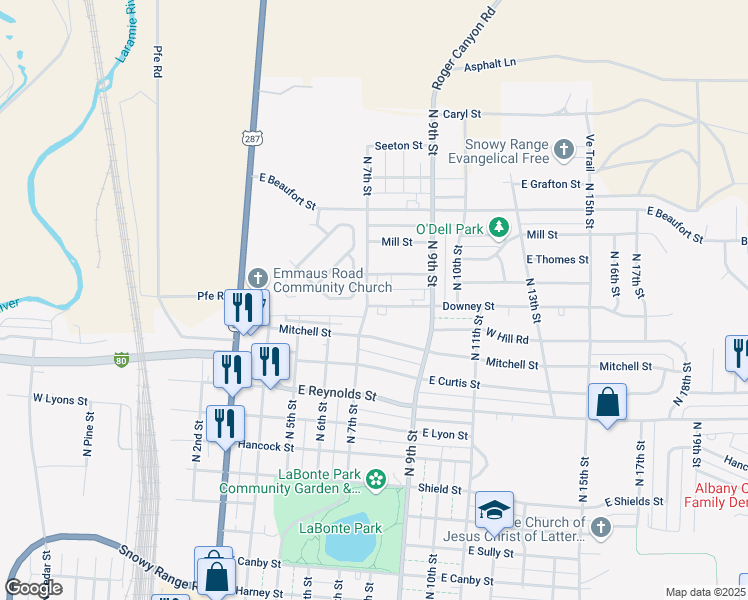 map of restaurants, bars, coffee shops, grocery stores, and more near 809 E Renshaw St in Laramie