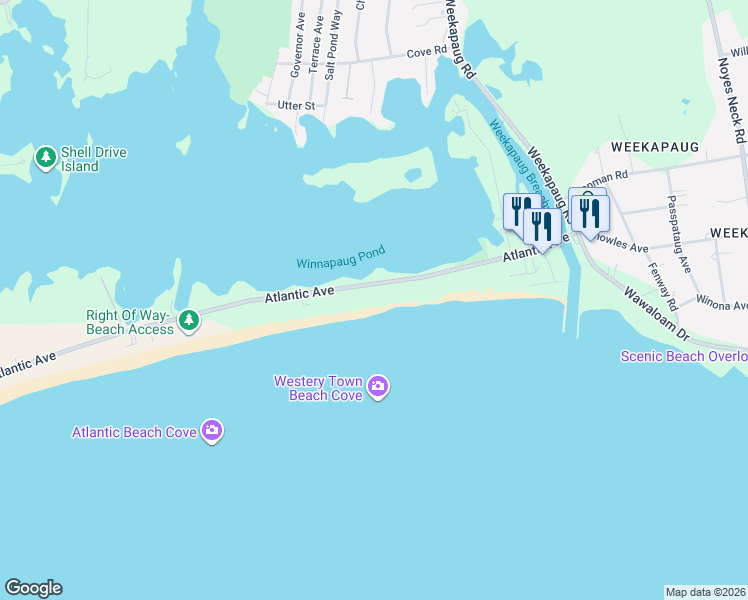 map of restaurants, bars, coffee shops, grocery stores, and more near 656-698 Atlantic Ave in Westerly