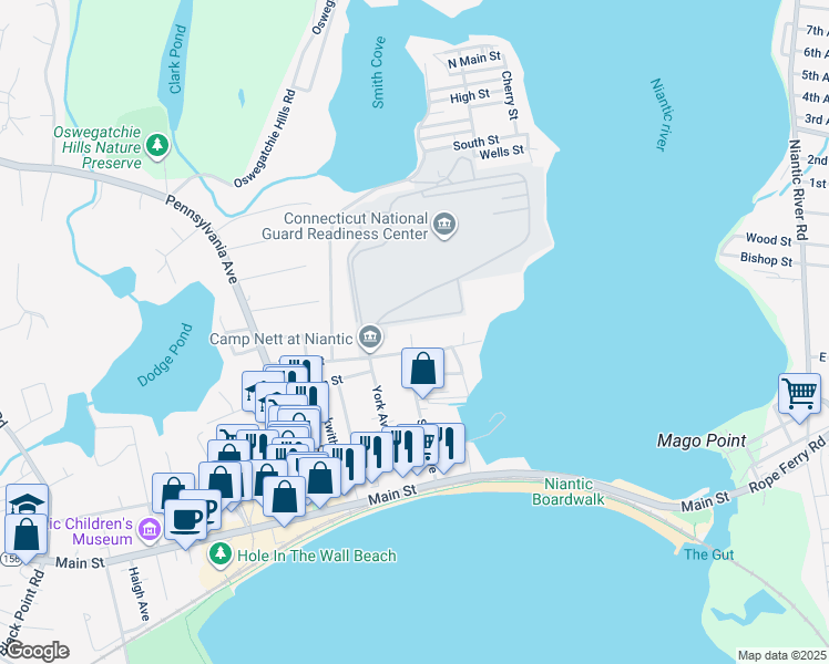 map of restaurants, bars, coffee shops, grocery stores, and more near 38 Smith Street in East Lyme