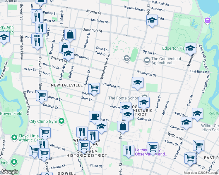 map of restaurants, bars, coffee shops, grocery stores, and more near 287 Highland Street in New Haven