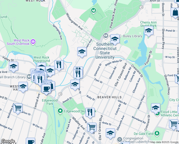 map of restaurants, bars, coffee shops, grocery stores, and more near 244 Fitch Street in New Haven