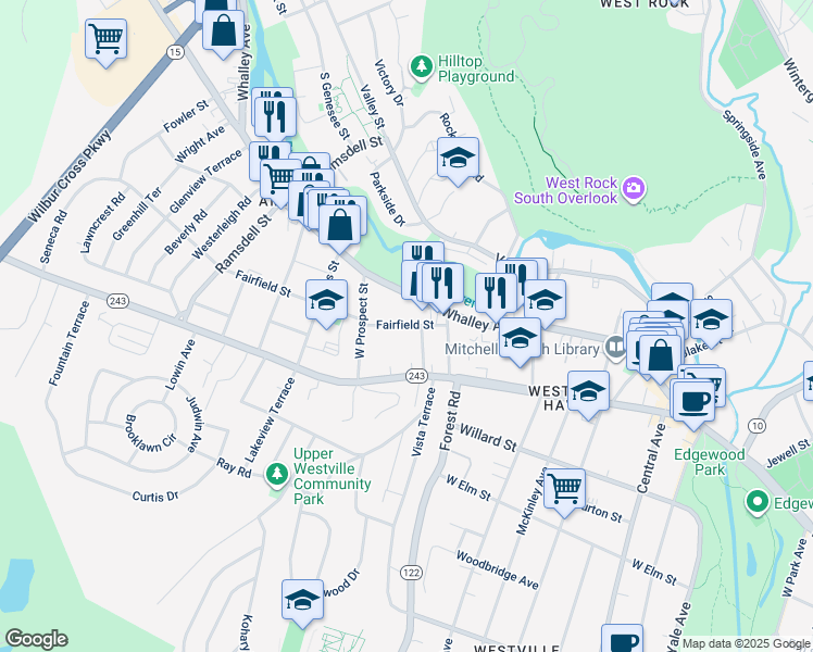 map of restaurants, bars, coffee shops, grocery stores, and more near 1206 Whalley Avenue in New Haven