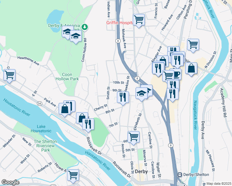 map of restaurants, bars, coffee shops, grocery stores, and more near 24 10th Street in Derby