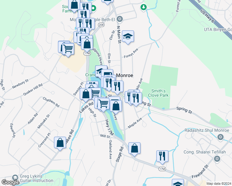 map of restaurants, bars, coffee shops, grocery stores, and more near 3 Alley Road in Monroe
