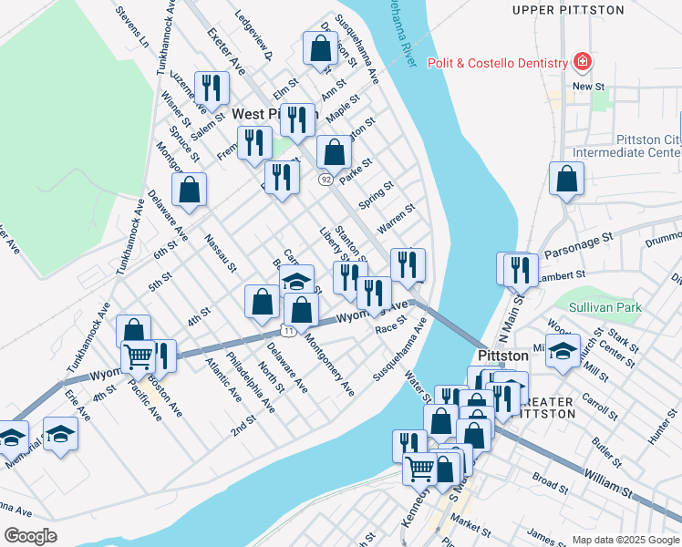map of restaurants, bars, coffee shops, grocery stores, and more near 211 Warren Street in Luzerne County