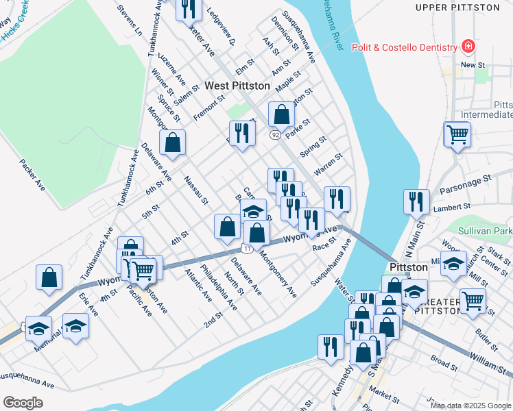 map of restaurants, bars, coffee shops, grocery stores, and more near 323 Carpenter Street in Luzerne County