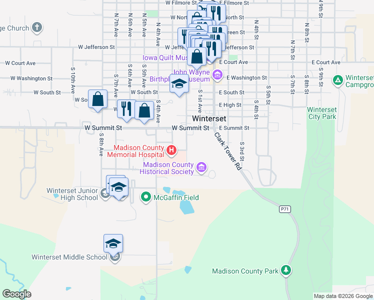 map of restaurants, bars, coffee shops, grocery stores, and more near 805 South 2nd Avenue in Winterset