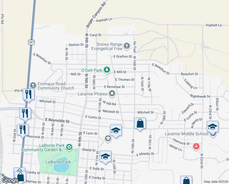 map of restaurants, bars, coffee shops, grocery stores, and more near 1301-1449 E Renshaw St in Laramie