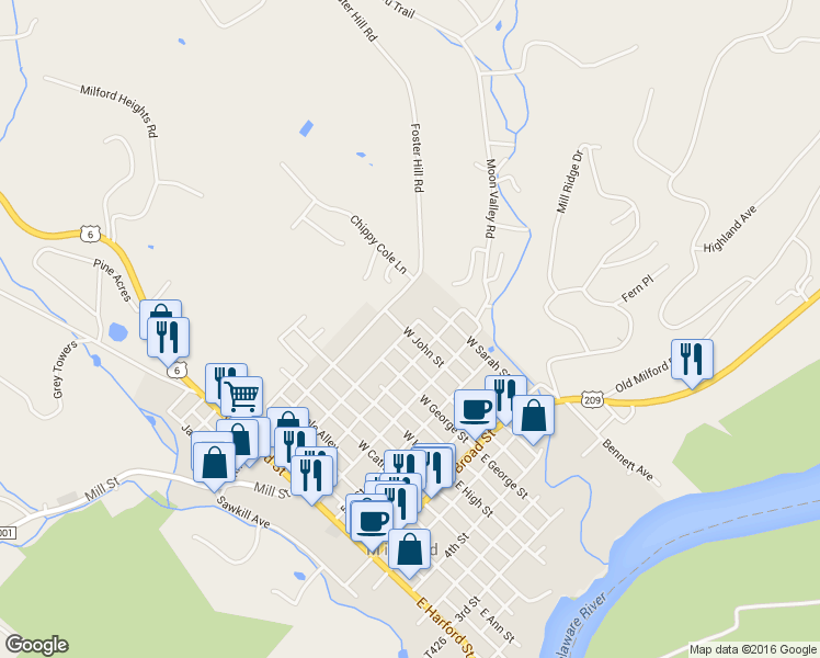map of restaurants, bars, coffee shops, grocery stores, and more near Current Alley in Milford