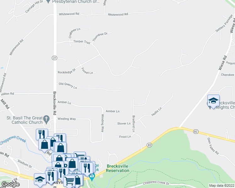 map of restaurants, bars, coffee shops, grocery stores, and more near 7531 Old Quarry Lane in Brecksville