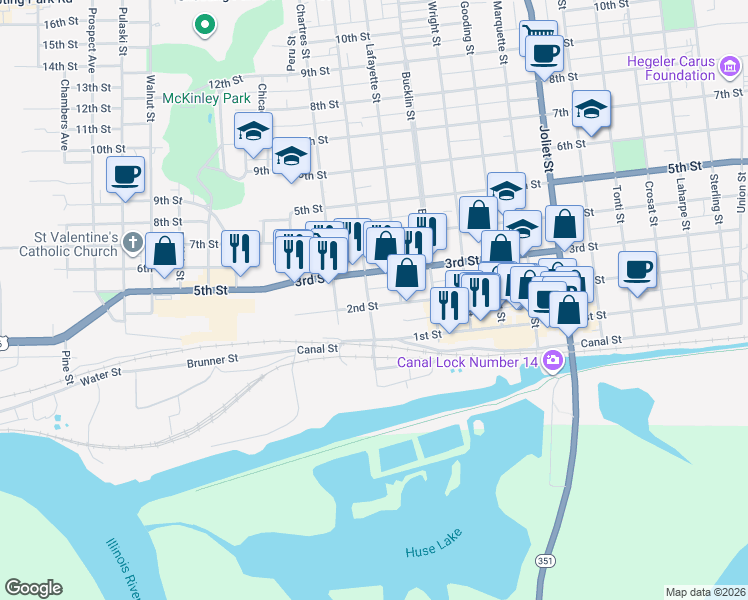 map of restaurants, bars, coffee shops, grocery stores, and more near 154 3rd Street in LaSalle