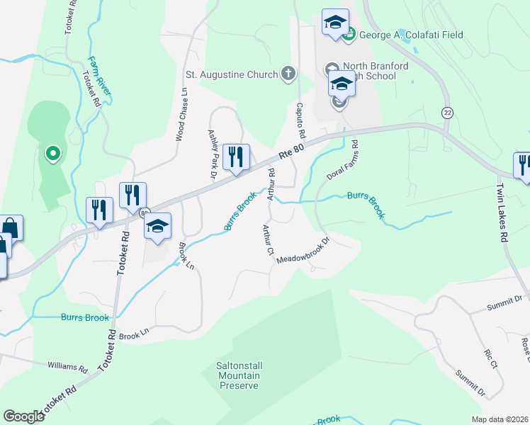 map of restaurants, bars, coffee shops, grocery stores, and more near 31 Arthur Road in North Branford