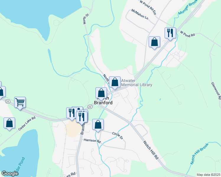 map of restaurants, bars, coffee shops, grocery stores, and more near 11 North Street in North Branford