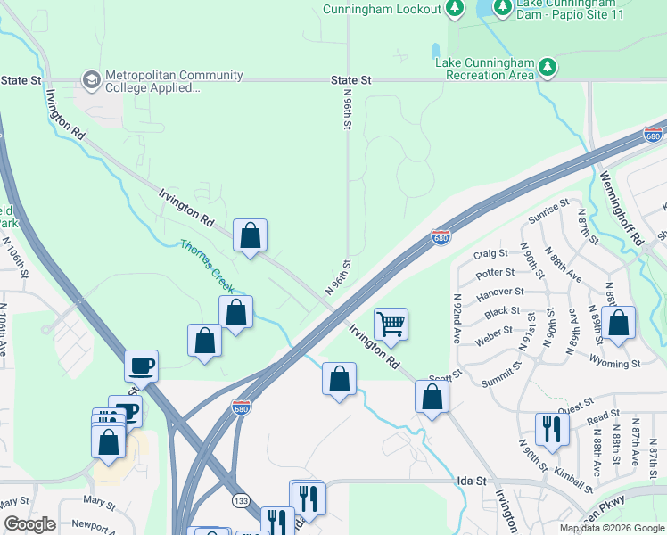 map of restaurants, bars, coffee shops, grocery stores, and more near 7612 North 96th Street in Omaha