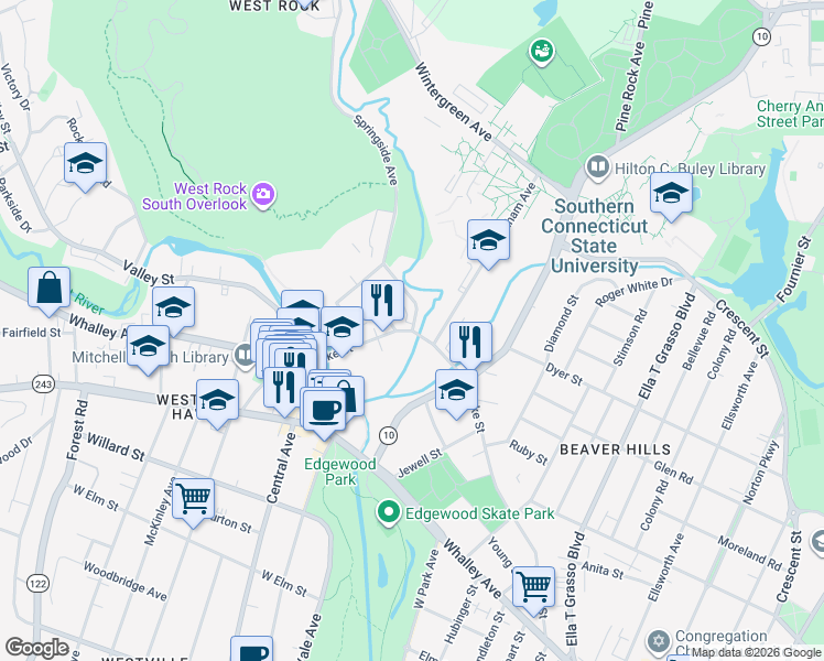 map of restaurants, bars, coffee shops, grocery stores, and more near Blake St & Springside Ave in New Haven