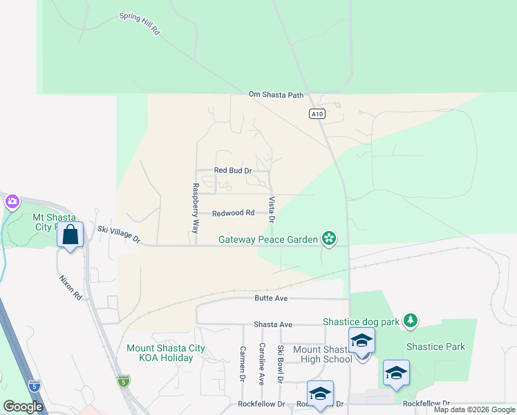 map of restaurants, bars, coffee shops, grocery stores, and more near 453-599 Oakway Road in Mount Shasta