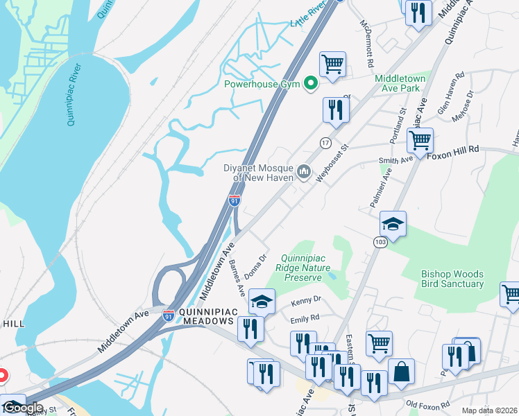 map of restaurants, bars, coffee shops, grocery stores, and more near 454 Middletown Avenue in New Haven