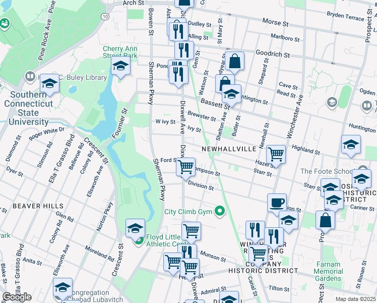map of restaurants, bars, coffee shops, grocery stores, and more near 201 Hazel Street in New Haven