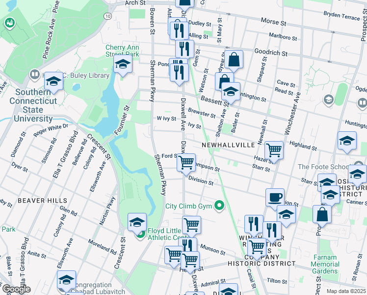 map of restaurants, bars, coffee shops, grocery stores, and more near 201 Hazel Street in New Haven