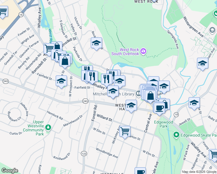 map of restaurants, bars, coffee shops, grocery stores, and more near 1079 Whalley Avenue in New Haven