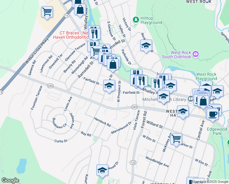 map of restaurants, bars, coffee shops, grocery stores, and more near 90 West Prospect Street in New Haven