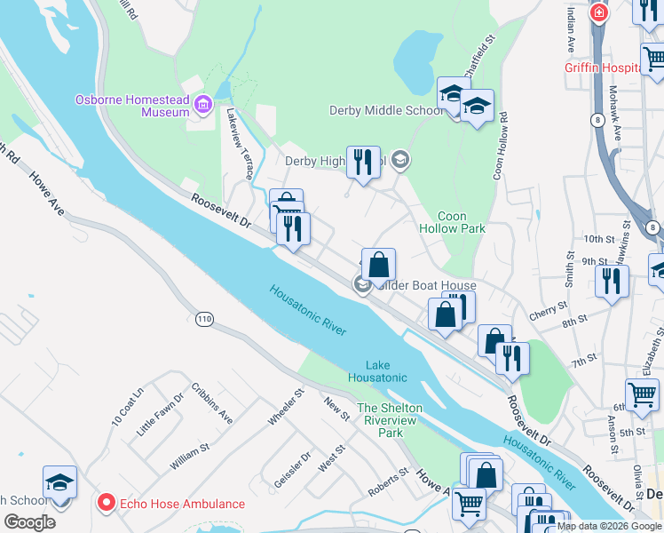map of restaurants, bars, coffee shops, grocery stores, and more near 154 Park Avenue in Derby