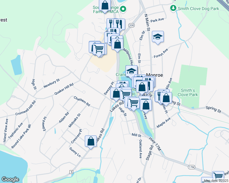 map of restaurants, bars, coffee shops, grocery stores, and more near 33 Swezey Place in Monroe