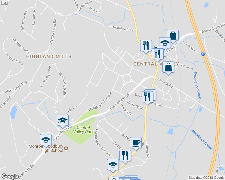 map of restaurants, bars, coffee shops, grocery stores, and more near 73 Coffey Street in Woodbury