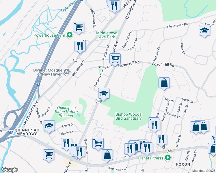 map of restaurants, bars, coffee shops, grocery stores, and more near 1573 Quinnipiac Avenue in New Haven