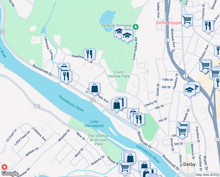 map of restaurants, bars, coffee shops, grocery stores, and more near 268 Laurel Place in Derby
