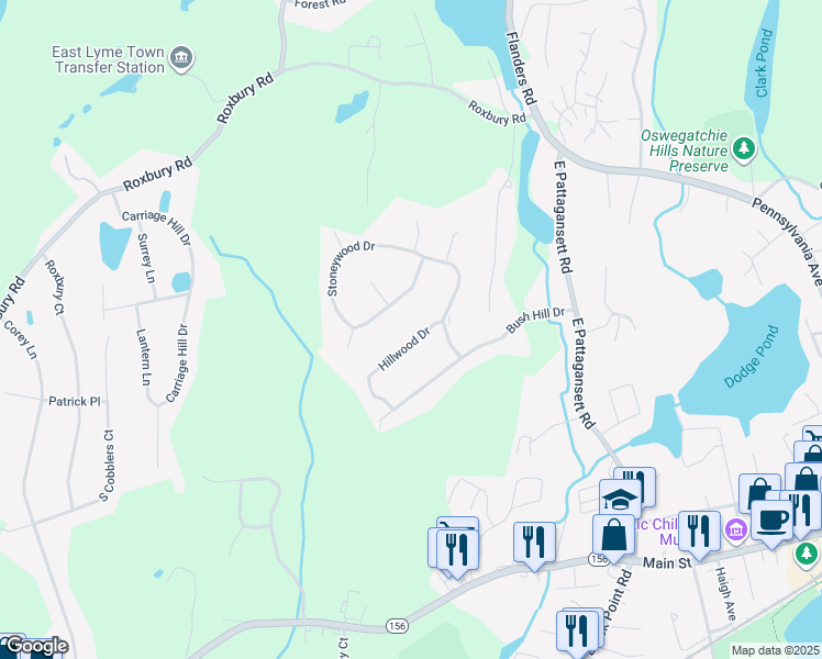 map of restaurants, bars, coffee shops, grocery stores, and more near 65 Stoneywood Drive in East Lyme