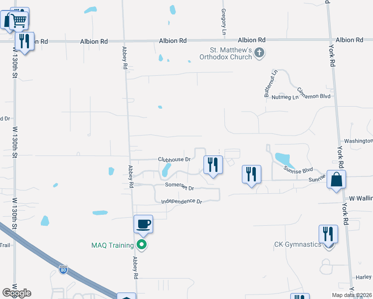 map of restaurants, bars, coffee shops, grocery stores, and more near 11686 Clubhouse Drive in North Royalton