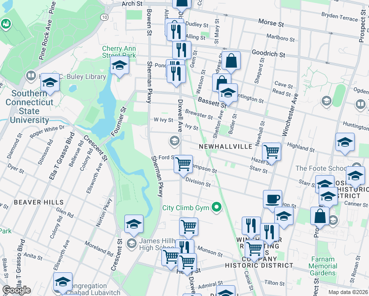 map of restaurants, bars, coffee shops, grocery stores, and more near 201 Hazel Street in New Haven