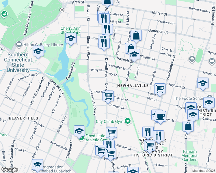 map of restaurants, bars, coffee shops, grocery stores, and more near 201 Hazel Street in New Haven