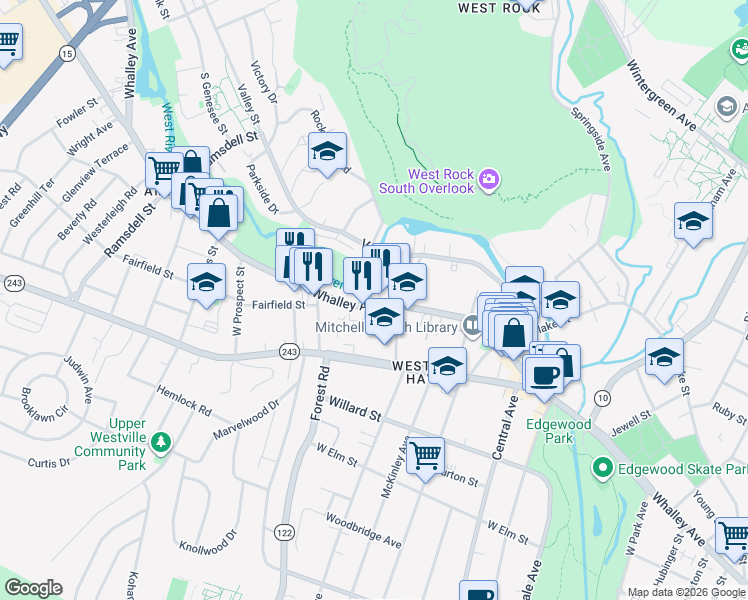 map of restaurants, bars, coffee shops, grocery stores, and more near 1079 Whalley Avenue in New Haven