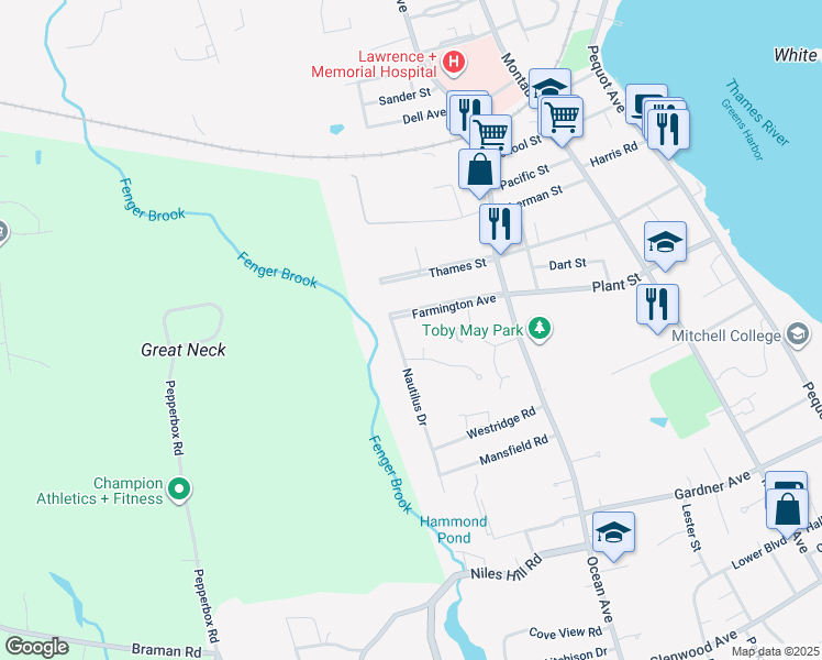 map of restaurants, bars, coffee shops, grocery stores, and more near 67-99 Farmington Avenue in New London