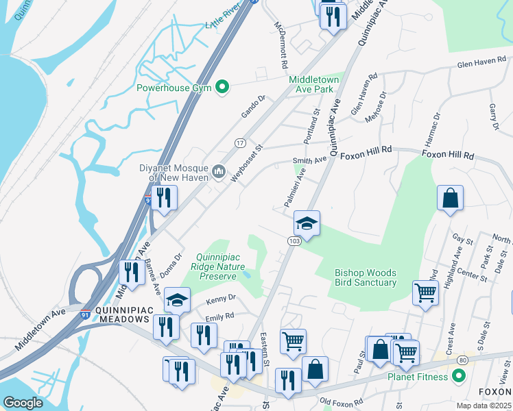 map of restaurants, bars, coffee shops, grocery stores, and more near 325 Smith Avenue in New Haven