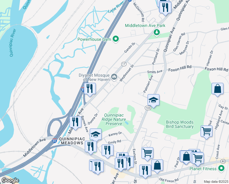 map of restaurants, bars, coffee shops, grocery stores, and more near 117 Weybosset Street in New Haven