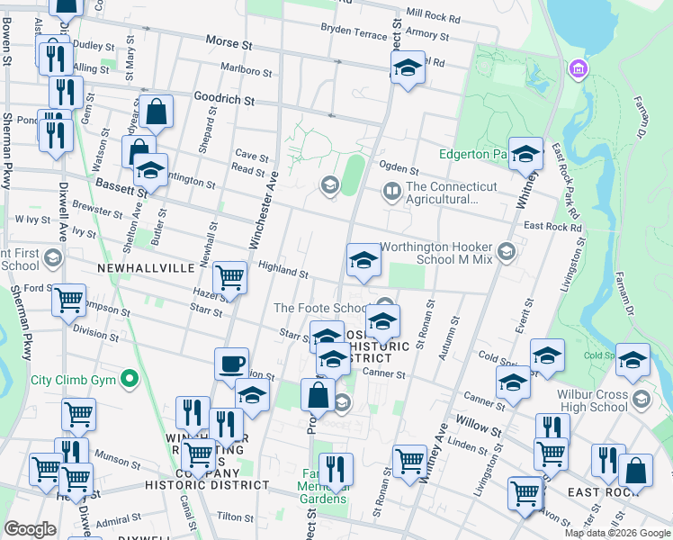 map of restaurants, bars, coffee shops, grocery stores, and more near 640 Prospect Street in New Haven