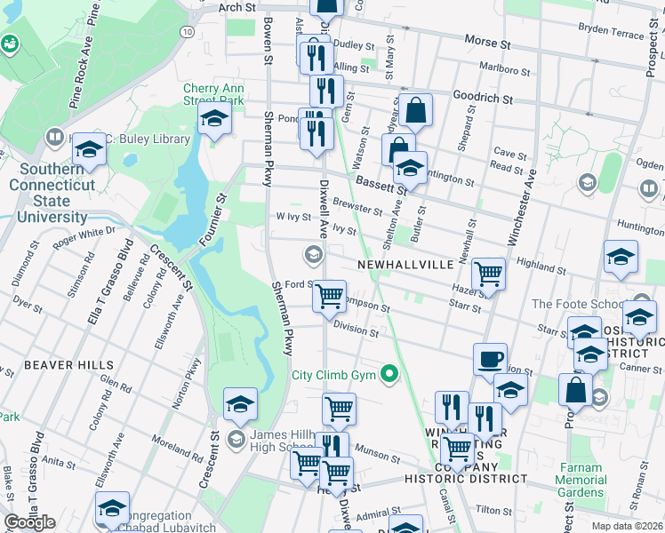 map of restaurants, bars, coffee shops, grocery stores, and more near 201 Hazel Street in New Haven