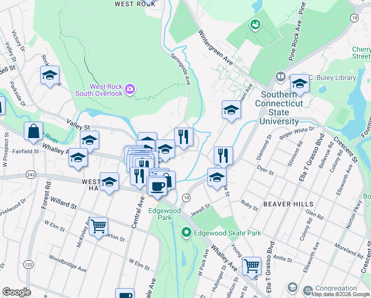 map of restaurants, bars, coffee shops, grocery stores, and more near 395 Blake Street in New Haven